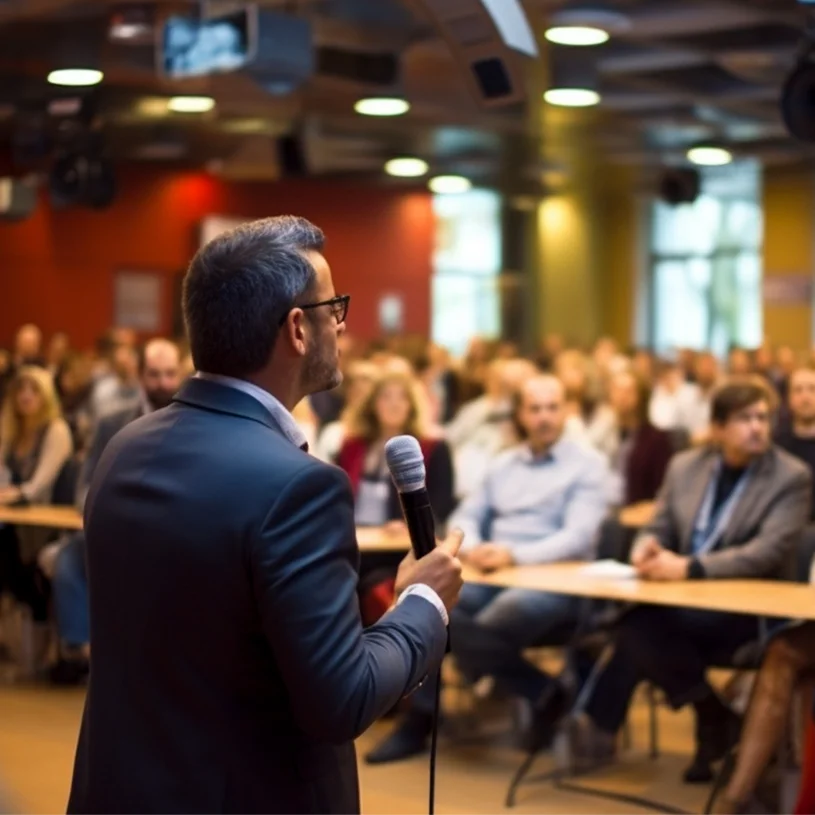Palestrante da Abria Academy falando ao público em evento de capacitação corporativa